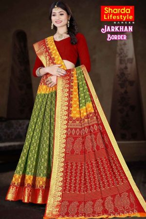 Jarkhan Border Cotton Saree in Red and Green Color