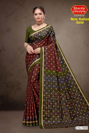 New Italian Gold Cotton Saree with Deep Maroon Color and Luxurious Design