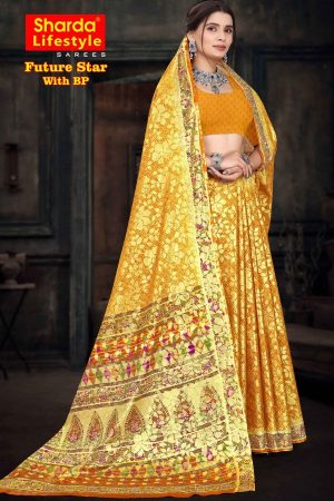 Model Draping Future Star Gold and Yellow Saree