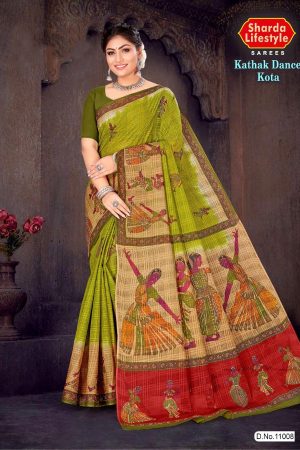 Kathak Dance Kota Cotton Saree in Green and Cream with Accent Design