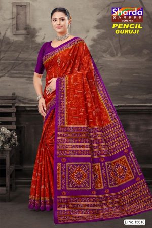 Pencil Guruji Red Cotton Saree with purple accents and super design