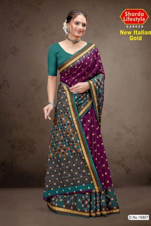 New Italian Gold Cotton Saree with Deep Purple Color and Luxurious Design