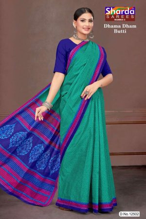 Close-up of Simple Butti Design on Green & Blue Cotton Saree