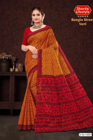 Bangla Street Varli Cotton Saree in Dull Orange & Red with Accent Design