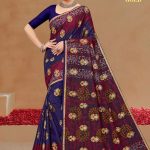 Stylish Pattern on ITALIAN GOLD Cotton Saree in Metal Blue and Dark Pink