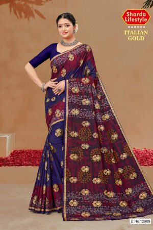 Stylish Pattern on ITALIAN GOLD Cotton Saree in Metal Blue and Dark Pink