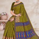 Full drape of Shagun Malai cotton saree in mehndi green with blue accents