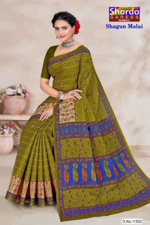 Full drape of Shagun Malai cotton saree in mehndi green with blue accents