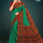 Green and fire orange seasonal fruit cotton saree with accent design