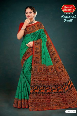 Green and fire orange seasonal fruit cotton saree with accent design