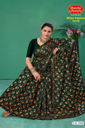 Milan Fashion Vol.02 cotton saree in green and copper with floral design