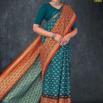 Bhagya Vidhata Gold cotton saree in red and dark green with small flower design