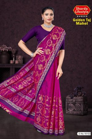 Golden Taj Mahel cotton saree in magenta and purple with beautiful design