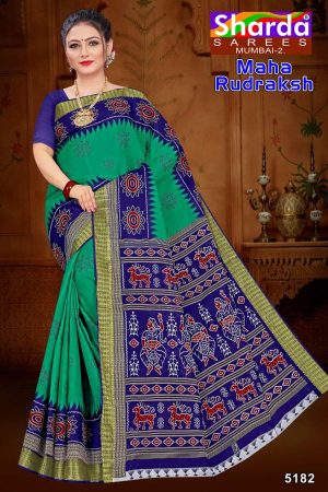 Maha Rudraksh Cotton Saree in Peacock Green and Dark Blue with Authentic Design