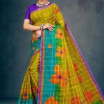 Tulip Garden Cotton Saree with Dull Yellow and Blue with Flower Design