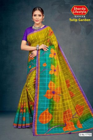 Tulip Garden Cotton Saree with Dull Yellow and Blue with Flower Design