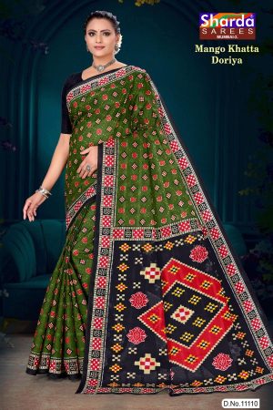 Mango Khatta Doriya dark green and black cotton saree with traditional bandhani design