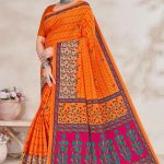 Shagun Malai cotton saree with orange and cream base and floral leaf design, front view