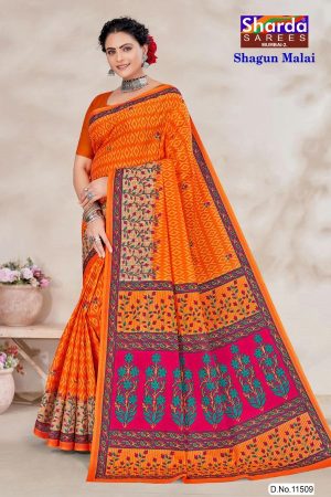 Shagun Malai cotton saree with orange and cream base and floral leaf design, front view