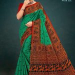 Green and red season varli cotton saree with animal design