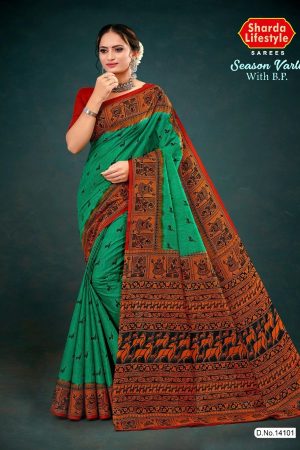 Green and red season varli cotton saree with animal design