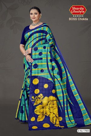 Boss Chokda cotton saree in green and blue with large rose flower design