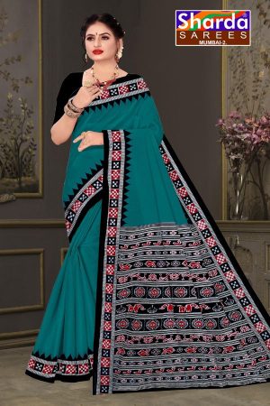 Choice of Orissa No. 2 cotton saree in peacock green and black with simple design