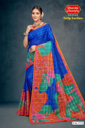 Tulip Garden Cotton Saree with Blue and Orange with Flower Design