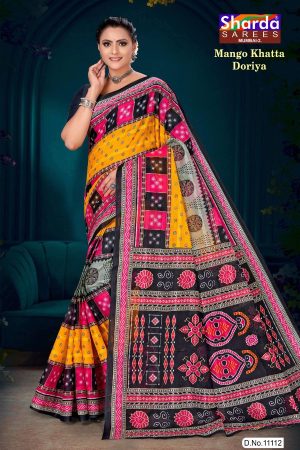 Mango Khatta Doriya orange and black cotton saree with traditional bandhani design