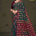 Milan Fashion cotton saree in ivory green and burgundy with rose flower design