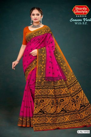 Pink and orange season varli cotton saree with animal design