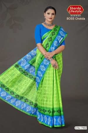 Boss Chokda cotton saree in light green and blue with simple design