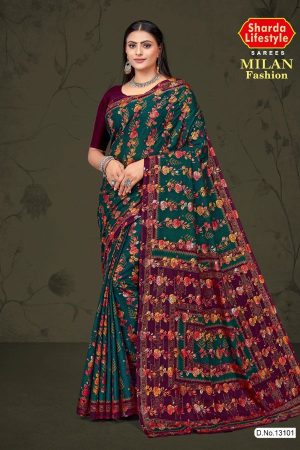 Milan Fashion cotton saree in ivory green and burgundy with rose flower design