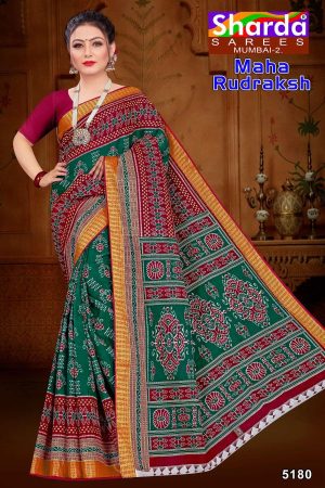 MAHA RUDRAKSH Cotton Saree in Red and Green with Authentic Design