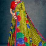 Tulip Garden Cotton Saree with Mehndi and Blue with Flower Design