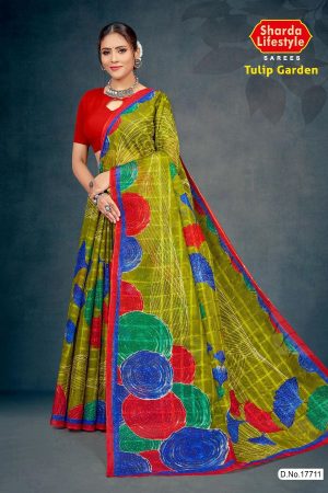 Tulip Garden Cotton Saree with Mehndi and Blue with Flower Design