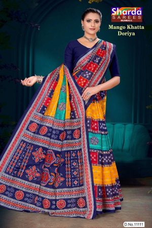 Mango Khatta Doriya orange and dark blue cotton saree with traditional bandhani design