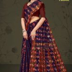 Milan Fashion cotton saree in navy blue and copper with rose flower design