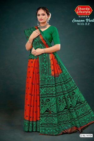 Green and red season varli cotton saree with animal design