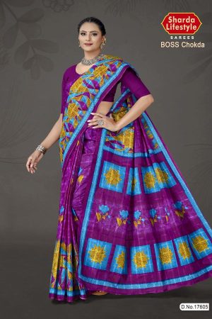 Boss Chokda cotton saree in purple and blue with simple design