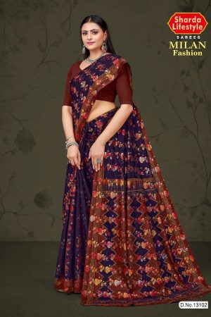 Milan Fashion cotton saree in navy blue and copper with rose flower design