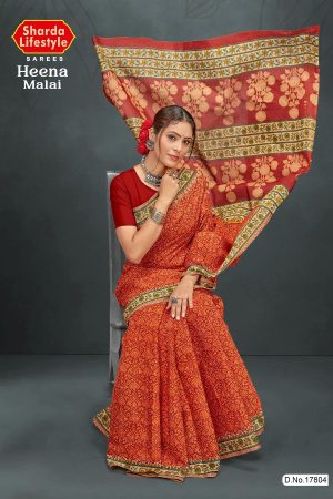 Heena Malai Cotton Saree in Orange and Golden Color with Luxury Design