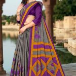 Tea Post Cotton Saree with Grey and Royal Purple with Authentic Design