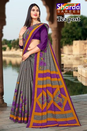 Tea Post Cotton Saree with Grey and Royal Purple with Authentic Design