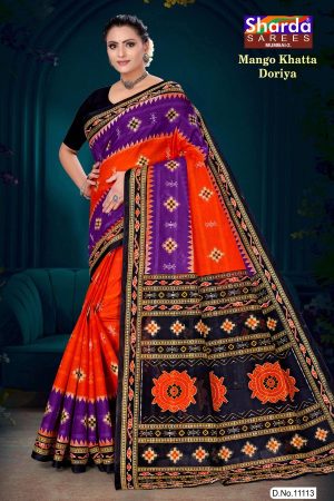 Mango Khatta Doriya red and purple cotton saree with traditional bandhani design