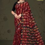 Milan Fashion cotton saree in maroon and black with rose flower design