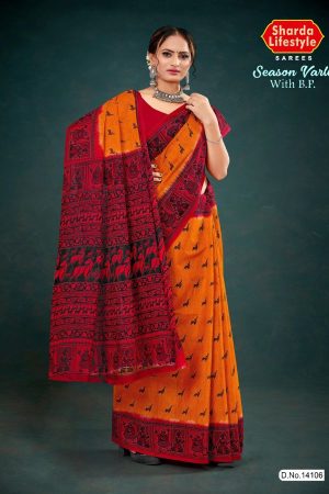 Orange and red season varli cotton saree with animal design