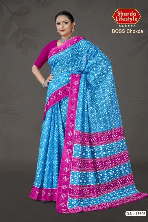 Boss Chokda cotton saree in sky blue and pink with simple design