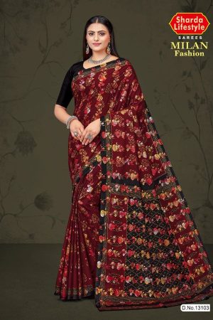 Milan Fashion cotton saree in maroon and black with rose flower design