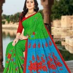 Tea Post Cotton Saree with Green and Blue with Authentic Design